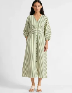 Cotton Blend Striped V-Neck Midi Shirt Dress