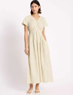 Cotton Blend Striped V-Neck Midi Waisted Dress