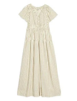 Cotton Blend Striped V-Neck Midi Waisted Dress