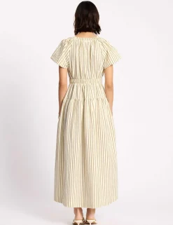 Cotton Blend Striped V-Neck Midi Waisted Dress