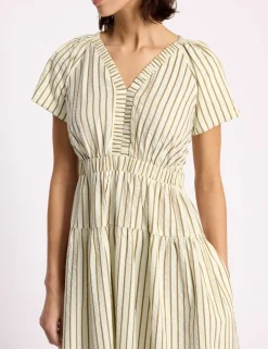 Cotton Blend Striped V-Neck Midi Waisted Dress