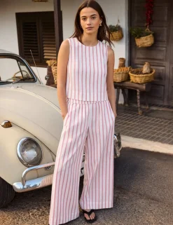 Cotton Blend Striped Wide Leg Trousers