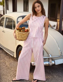 Cotton Blend Striped Wide Leg Trousers