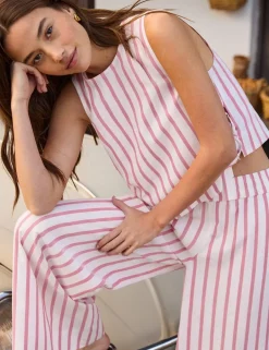 Cotton Blend Striped Wide Leg Trousers