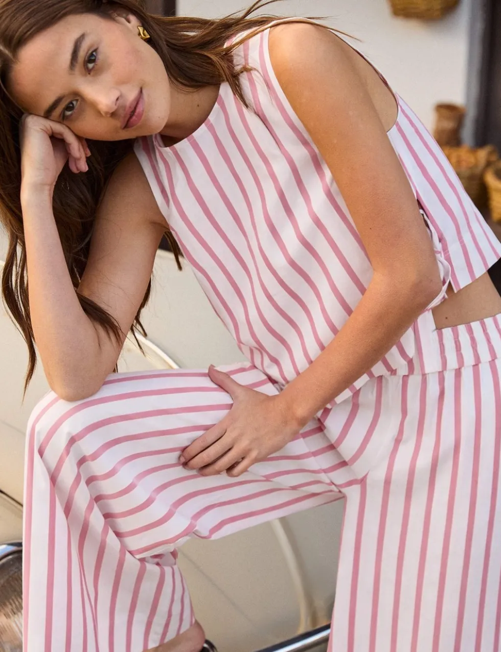 Cotton Blend Striped Wide Leg Trousers