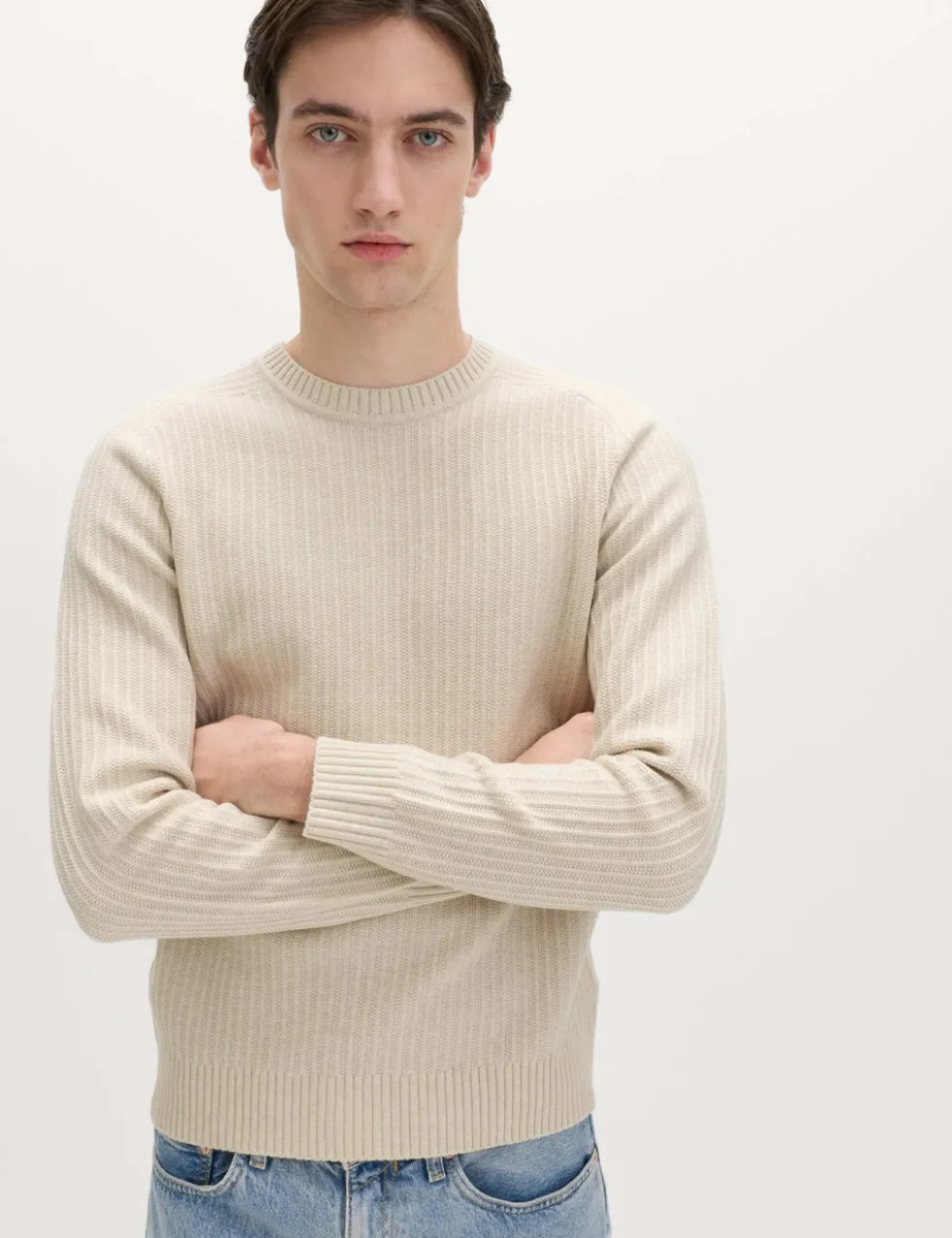 Cotton Blend Textured Crew Neck Jumper
