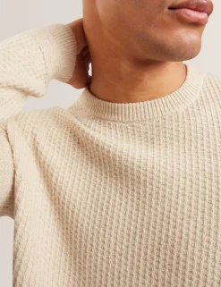Cotton Blend Textured Crew Neck Jumper
