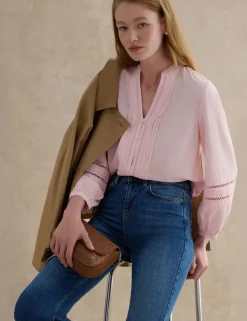Cotton Blend Textured Notch Neck Blouse