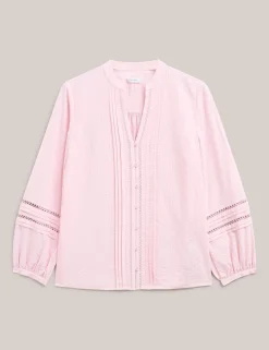 Cotton Blend Textured Notch Neck Blouse