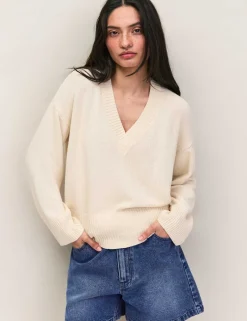 Cotton Blend Textured V-Neck Relaxed Jumper