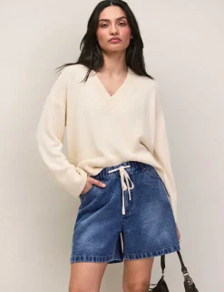 Cotton Blend Textured V-Neck Relaxed Jumper