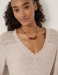 Cotton Blend Textured V-Neck Jumper