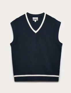 Cotton Blend Tipped V-Neck Knitted Vest