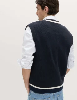 Cotton Blend Tipped V-Neck Knitted Vest