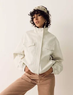 Cotton Blend Twill Cropped Utility Jacket