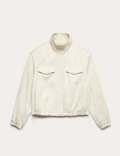 Cotton Blend Twill Cropped Utility Jacket