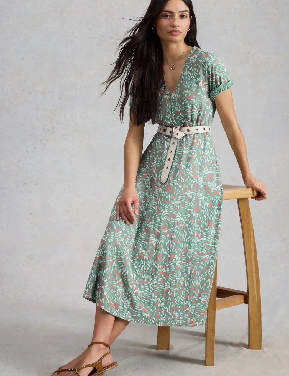 Cotton Blend V-Neck Midi Tea Dress