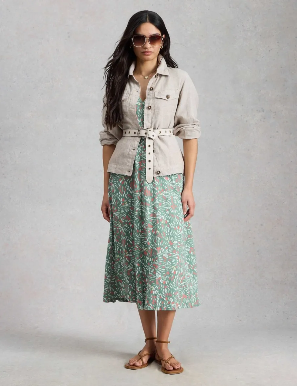 Cotton Blend V-Neck Midi Tea Dress