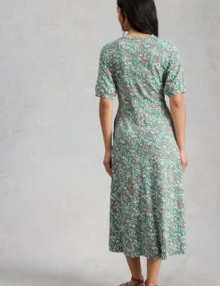 Cotton Blend V-Neck Midi Tea Dress