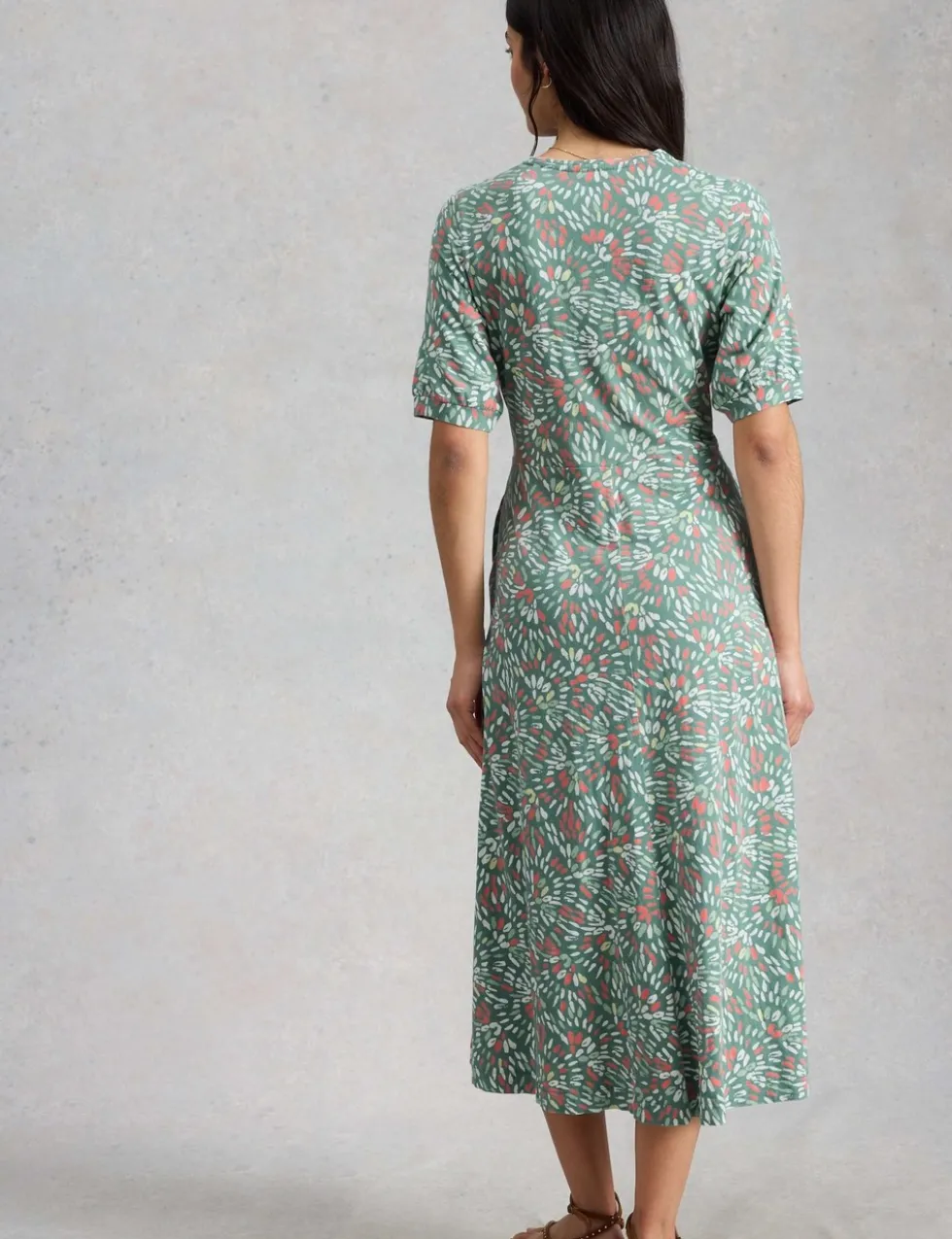 Cotton Blend V-Neck Midi Tea Dress