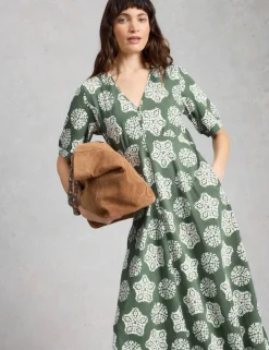 Cotton Blend V-Neck Midi Tea Dress