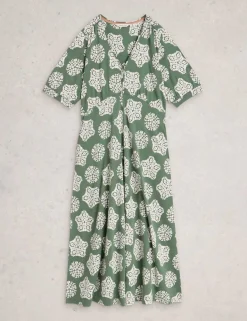 Cotton Blend V-Neck Midi Tea Dress