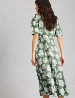 Cotton Blend V-Neck Midi Tea Dress