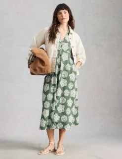 Cotton Blend V-Neck Midi Tea Dress