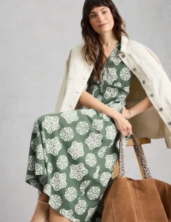 Cotton Blend V-Neck Midi Tea Dress