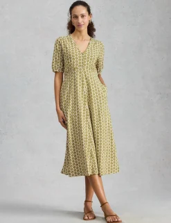 Cotton Blend V-Neck Midi Tea Dress