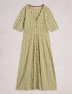 Cotton Blend V-Neck Midi Tea Dress