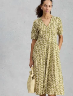 Cotton Blend V-Neck Midi Tea Dress