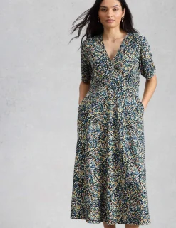 Cotton Blend V-Neck Midi Tea Dress