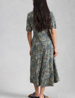 Cotton Blend V-Neck Midi Tea Dress
