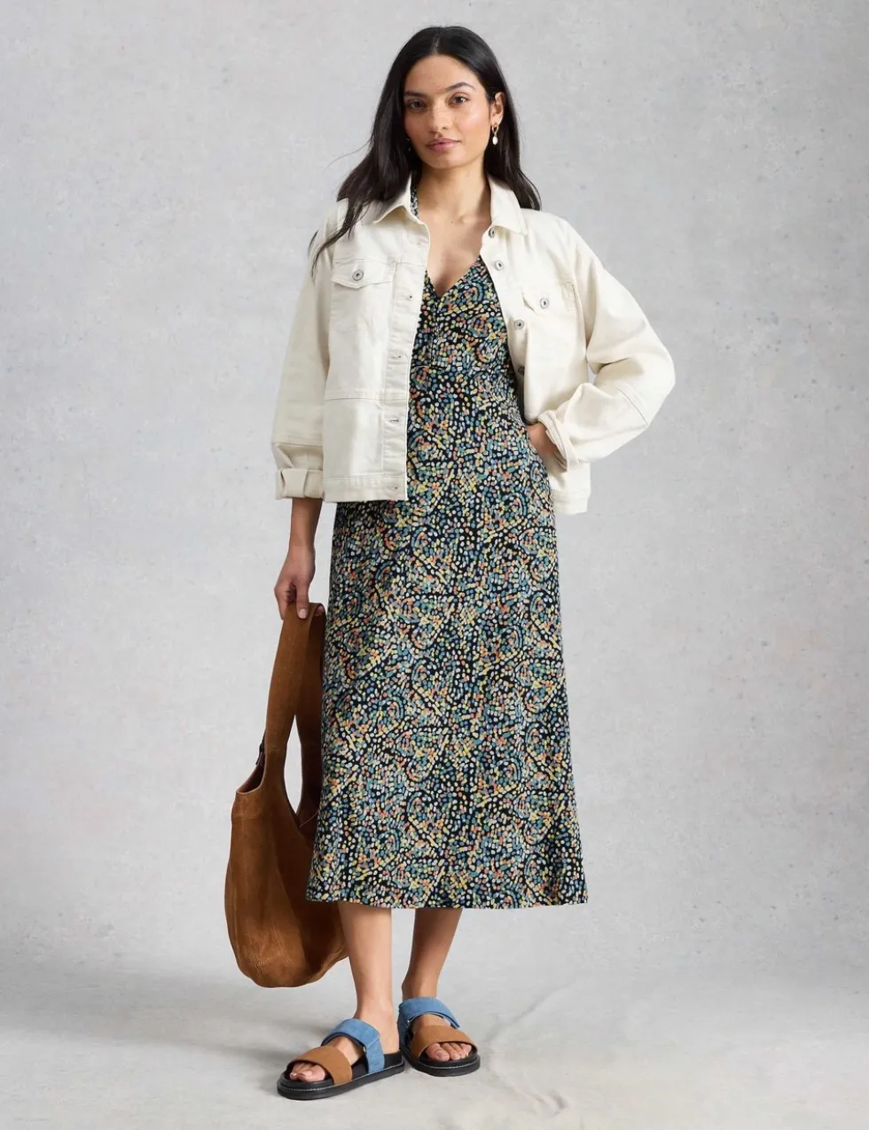 Cotton Blend V-Neck Midi Tea Dress