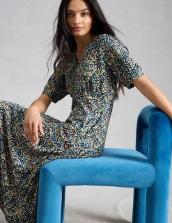 Cotton Blend V-Neck Midi Tea Dress