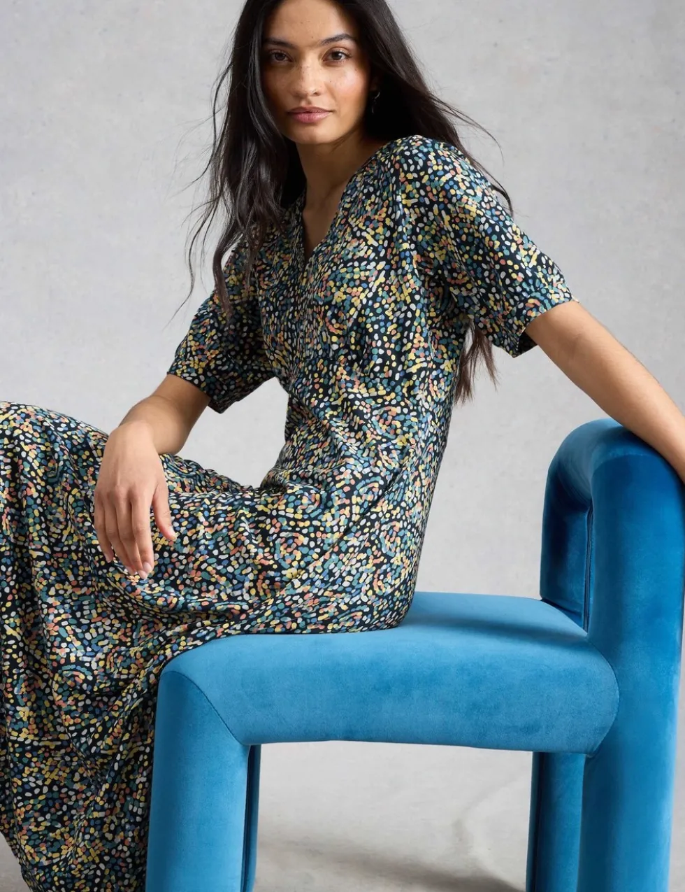 Cotton Blend V-Neck Midi Tea Dress