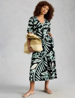 Cotton Blend V-Neck Midi Tea Dress