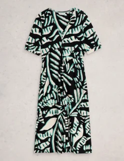 Cotton Blend V-Neck Midi Tea Dress
