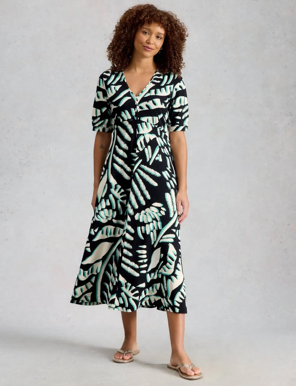 Cotton Blend V-Neck Midi Tea Dress