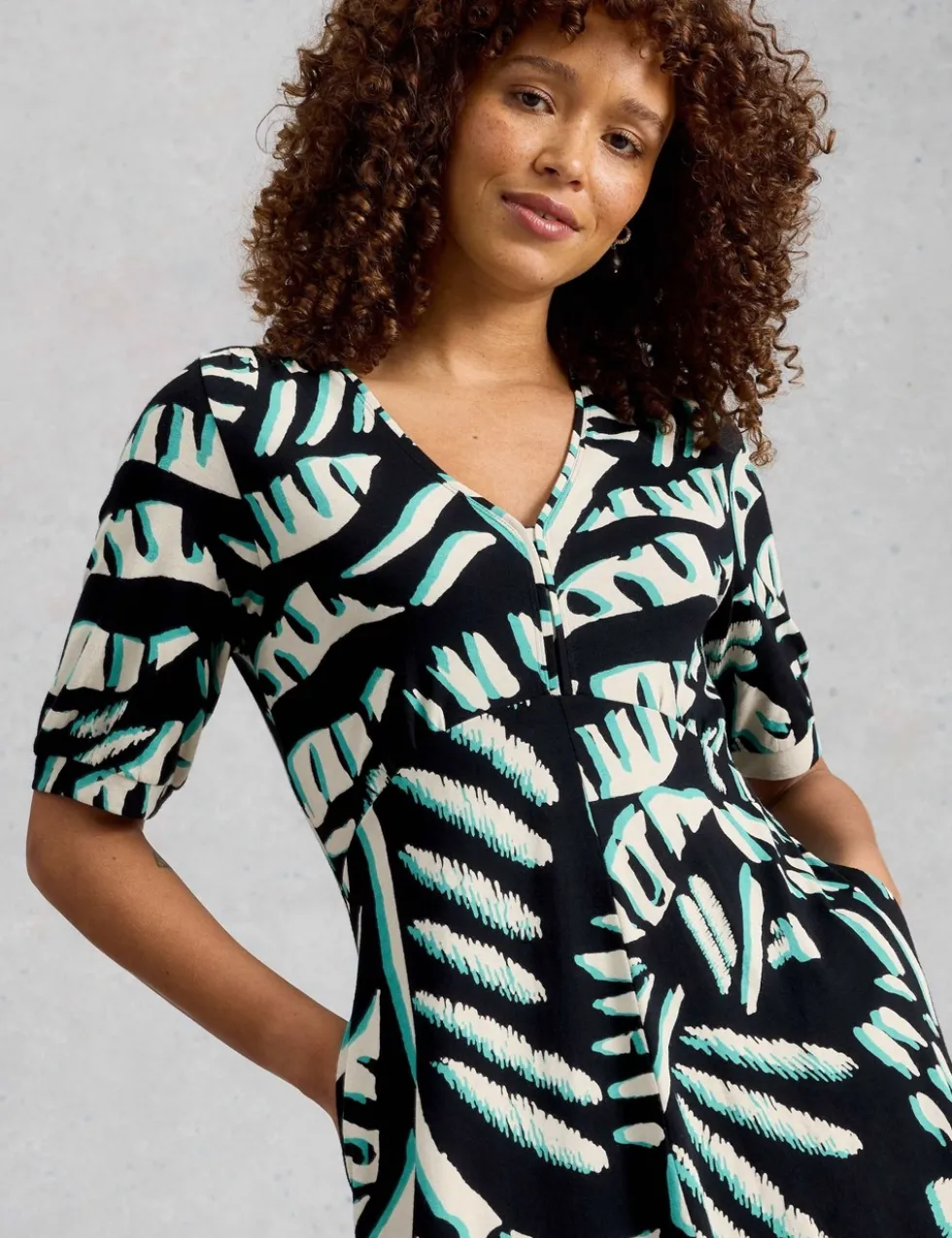 Cotton Blend V-Neck Midi Tea Dress