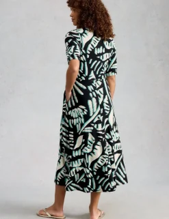 Cotton Blend V-Neck Midi Tea Dress