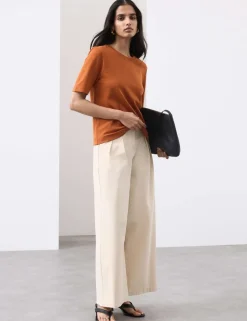 Cotton Blend Wide Leg Trousers