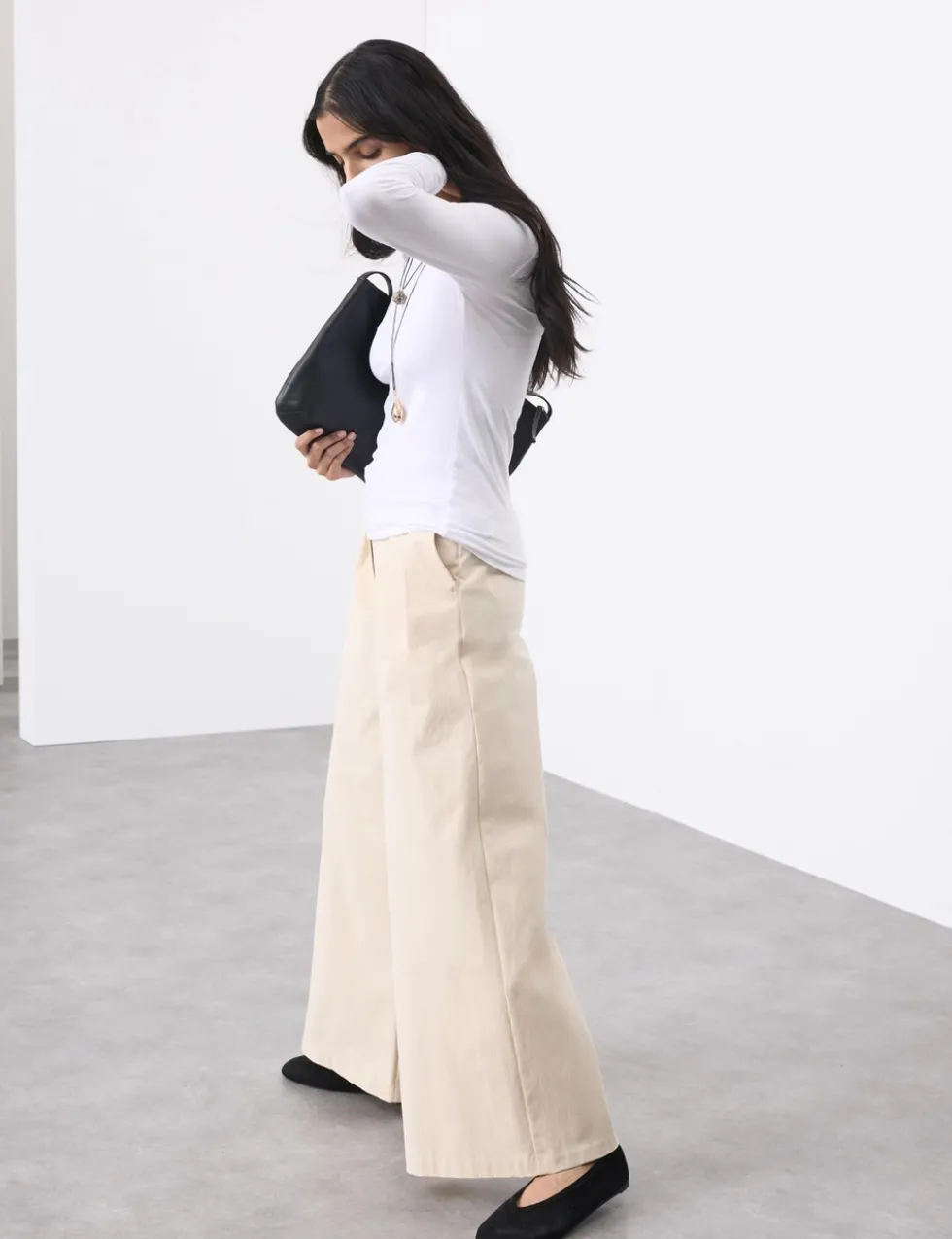 Cotton Blend Wide Leg Trousers