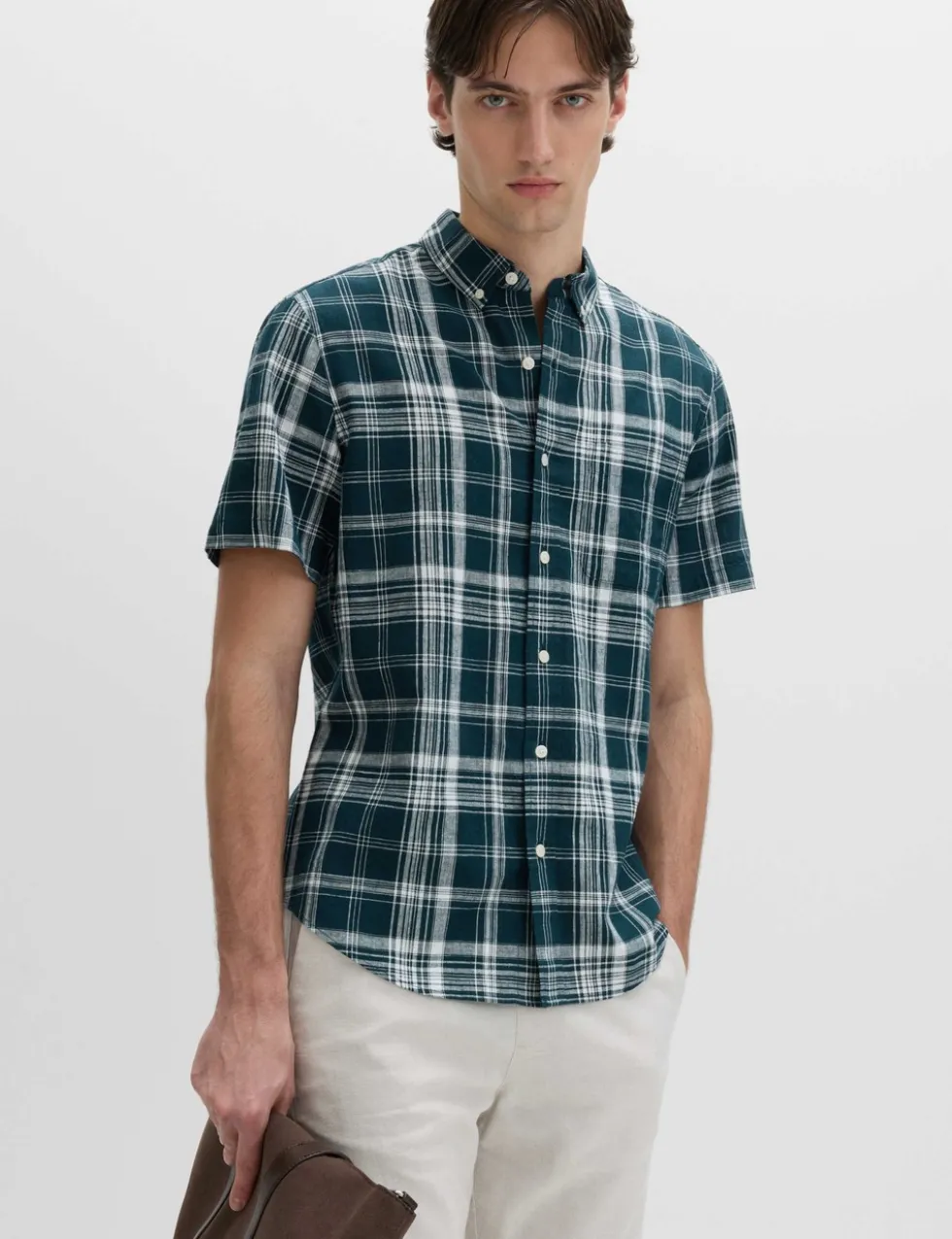 Cotton Linen Blend Check Short Sleeve Shirt