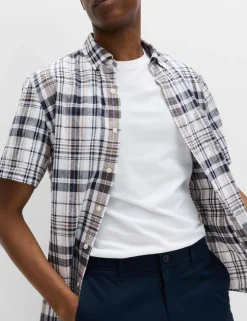 Cotton Linen Blend Check Short Sleeve Shirt