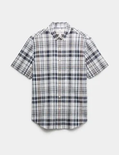 Cotton Linen Blend Check Short Sleeve Shirt
