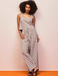 Cotton Linen Blend Gingham Casual Trousers