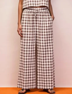 Cotton Linen Blend Gingham Casual Trousers