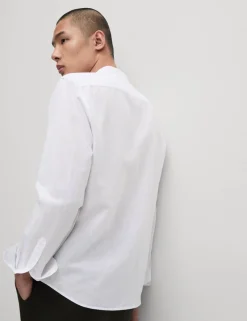 Cotton Linen Blend Grandad Collar Shirt